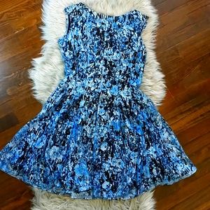 Blue lace overlay midi skater dress